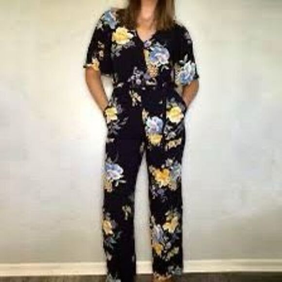Ban Of Gypsies Size M Wide Leg Floral Jumpsuit Dark Blue Western Wedding Guest - Picture 1 of 10